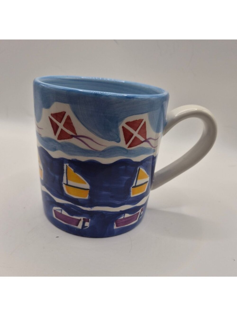 Hand-Painted Ceramic Mug With Nautical Boats & Kites Design By Trish Richman